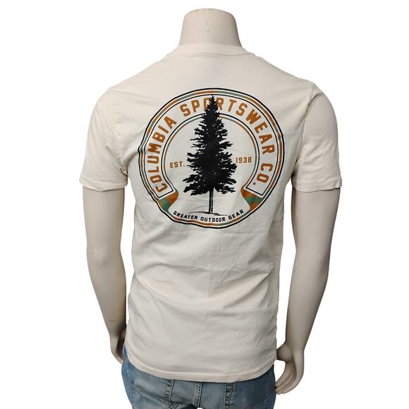 Columbia Sportswear Short Sleeve T-shirt Size Medium Beige Graphics on Back - Picture 1 of 6